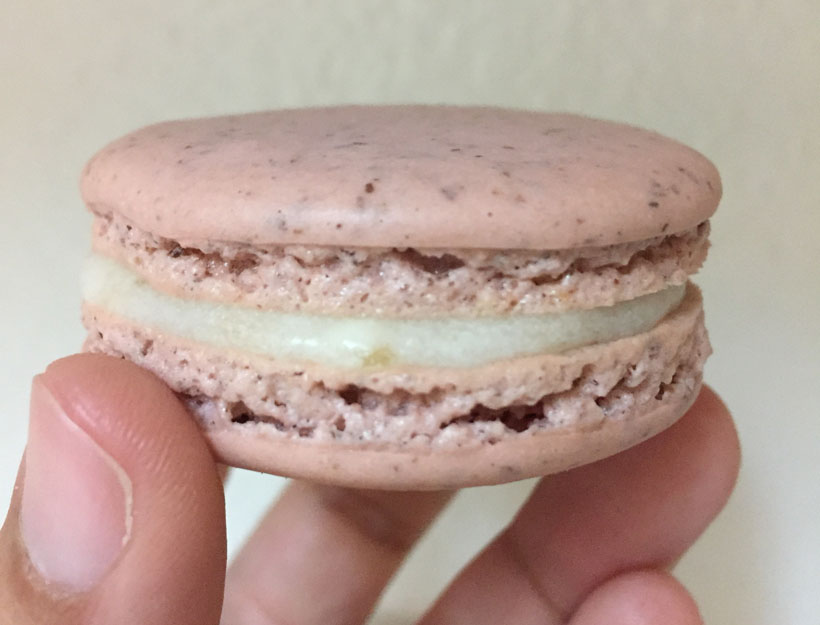 An image of a hand holding a pink macaroons