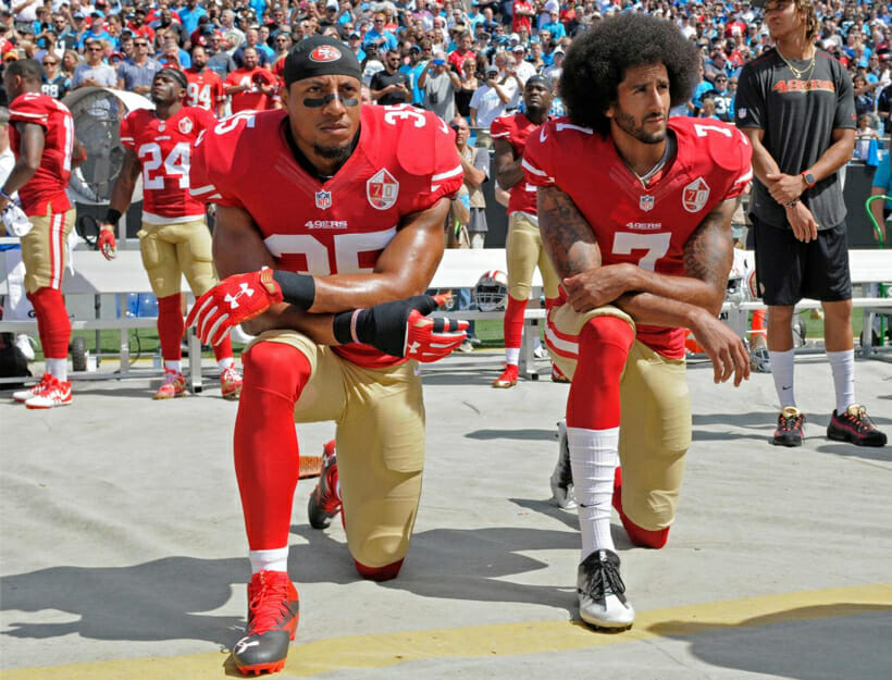 Sept. 2016, San Francisco 49ers’ Colin Kaepernick and Eric Reid kneel during the national anthem before an NFL football game to protest police brutality against black men in the U.S.