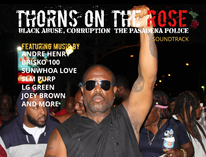 Album cover of the "Thorns on the Rose" documentary. A crowd of Black protesters stand in the background while in the foreground a man with sunglasses raises his fist in the air. 